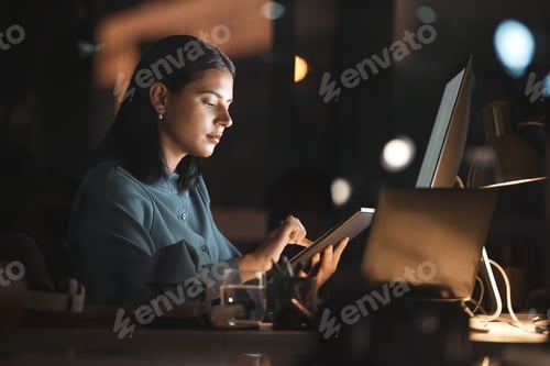 Preview: Woman, office and table on internet at night for overtime, working or digital marketing with techno