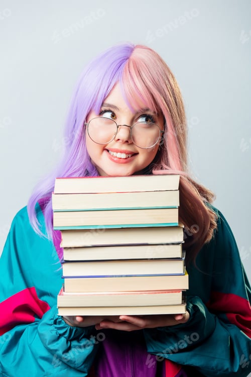 Preview: Beautiful yandere girl with purple hair and 80s tracksuit holds book on gray background