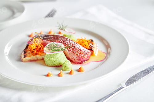 Preview: Tender dorado fillet with vegetables and basil. Banquet festive dishes. Gourmet restaurant menu