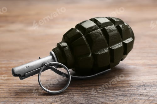Preview: Hand grenade on wooden table, closeup. Explosive weapon