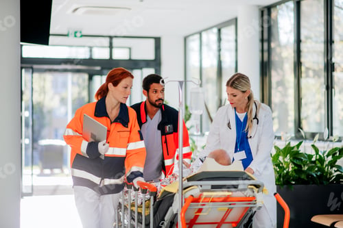 Preview: Young woman doctor taking care of patient from rescue ambulance.