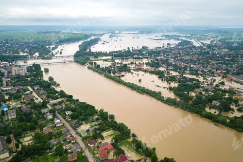Preview: Aerial view of Dnister river with dirty water and flooded houses in Halych town, western Ukraine.