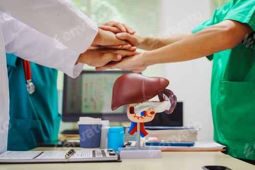 Preview: Three doctors join hands at a hospital table after meeting on liver disease,discussing conditions