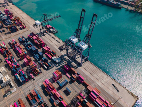 Preview: Aerial view of busy container terminal and cargo cranes