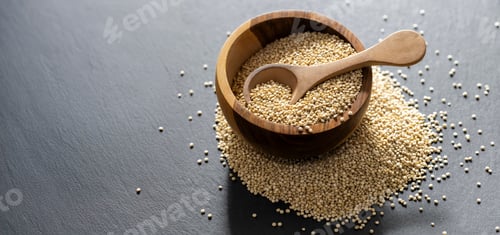 Preview: A pile of quinua grains is seen in the image, in a wooden container