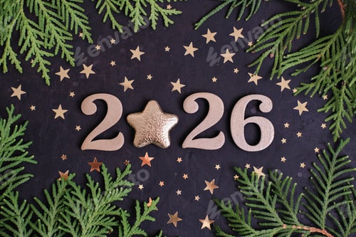 Visualização: Os números dourados 2026 com estrela em vez do número 0 estão localizados em fundo preto