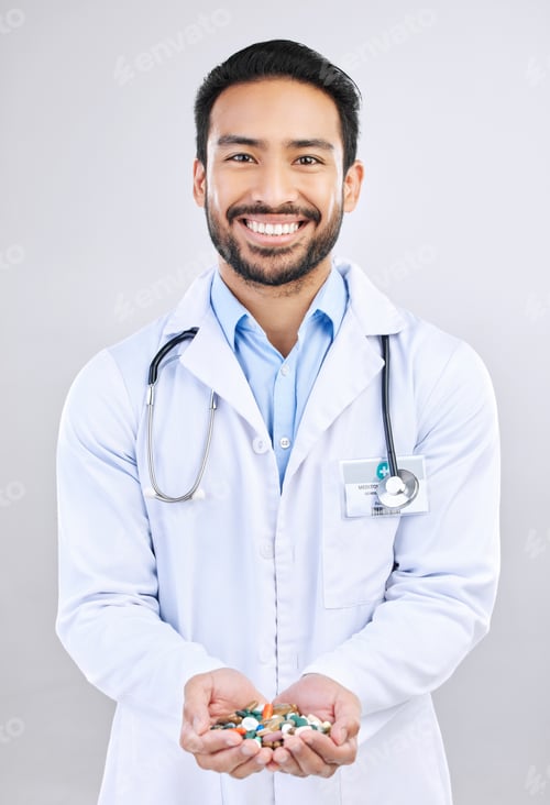 Preview: Pharmacist portrait, studio drugs or happy man with pharmaceuticals, pills or medicine supplement.