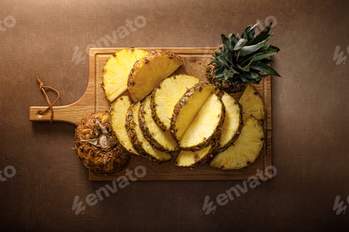 Preview: Pineapple. Sliced and whole pineapple on brown background, top vew