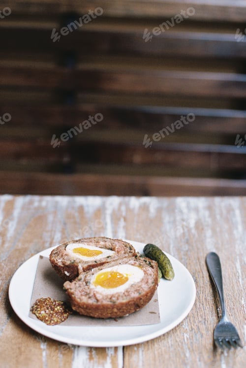 Preview: A meal on a plate, a scotch egg cut in half with garnishes.