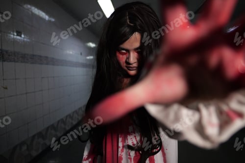 Preview: Scary woman in white dress with bloodstain after murder, Halloween concept