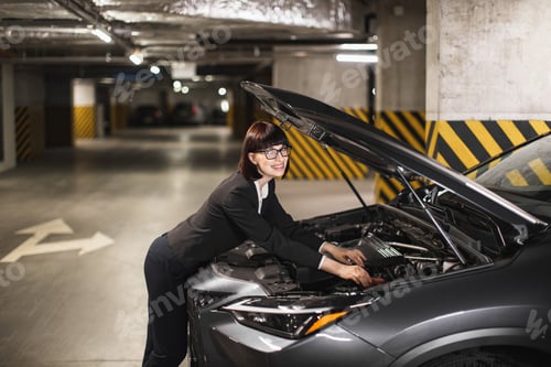 Preview: Businesswoman repairing car in underground parking garage