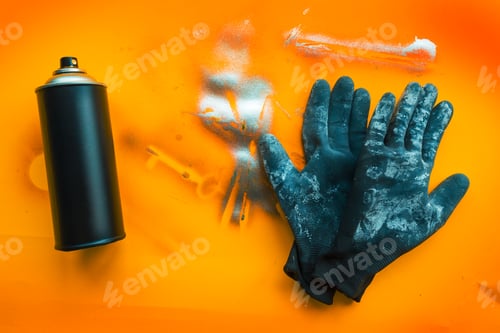 Preview: Color spray can and gloves for graffiti artwork