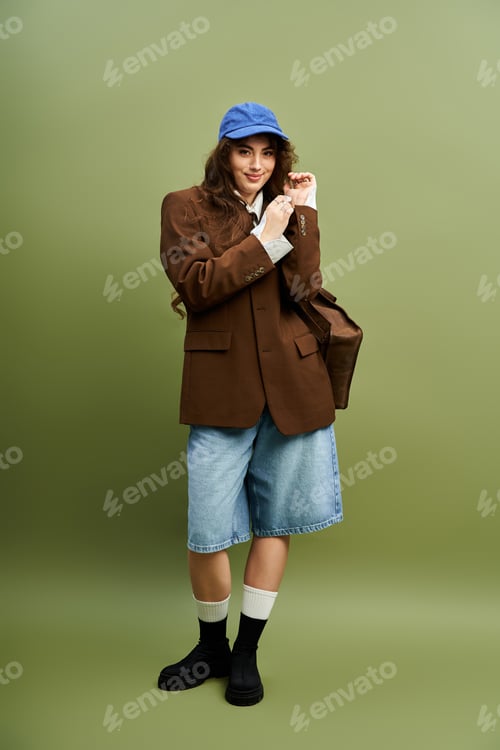 Preview: Stylish young woman showcases trendy summer outfit against a vibrant green backdrop