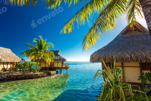 Preview: Over water bungalows and green lagoon, Moorea, French Polynesia