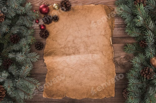Preview: blank parchment with fir twigs, shiny baubles and pine cones on wooden background
