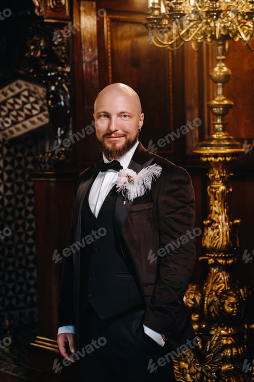 Preview: Portrait of the groom in a suit and bow tie, standing in the interior