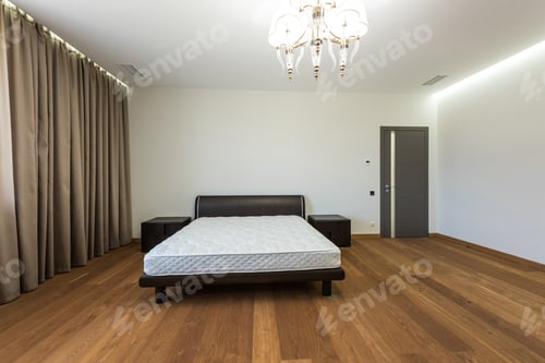 Preview: interior of empty bedroom with curtains and mattress on bed