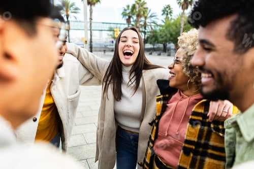 Preview: Group of multiracial friends talking and laughing in city street