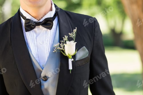 Preview: Midsection of bridegroom wearing boutonniere in garden
