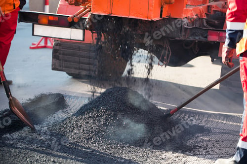 Preview: Repair of roads, highways and sidewalks. Patching. Working with a shovel falls asleep in the pit