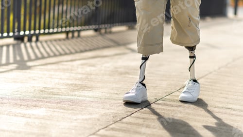 Preview: View of a walking man with prosthetic legs and white sneakers