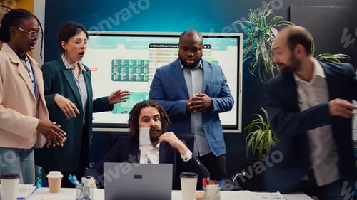 Preview: Sick and tired employee throwing the badge in front of the manager,