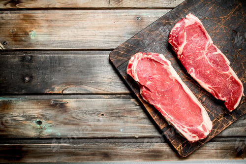 Preview: Raw beef steaks on cutting Board.