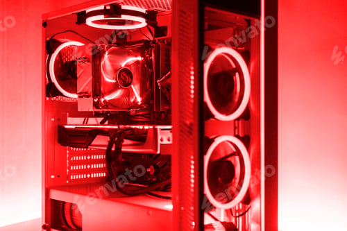 Preview: the new modern powerful gaming computer with beautiful rgb lights of different color and a glass cas