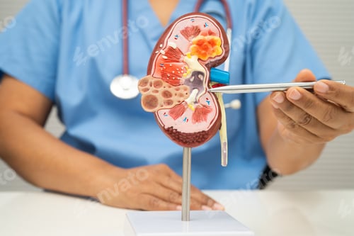 Preview: Chronic kidney disease, doctor with model for treatment urinary system