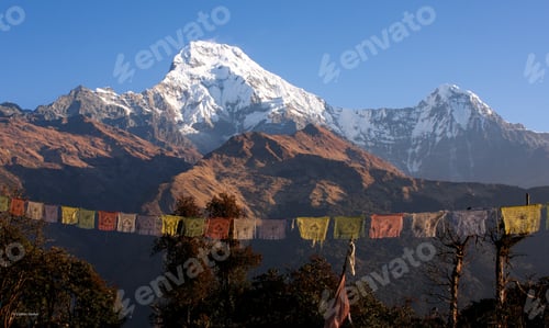 Preview: Snowcapped Mountains Vista with Prayer Flags