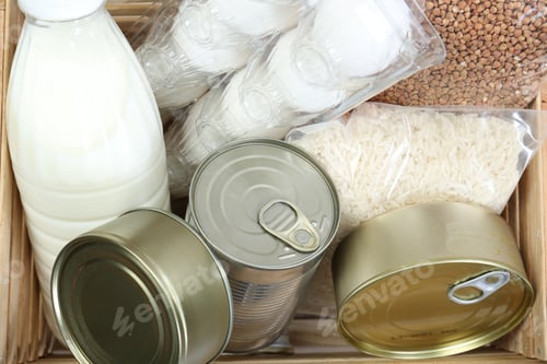 Preview: Donation box with food products, top view