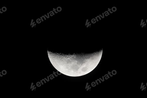 Preview: Night sky background with half of the moon on black sky. Astro photo on winter night