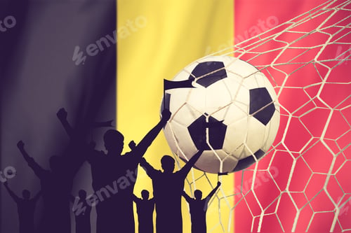 Preview: Silhouettes Of Soccer Fans With Flag Of Belgium.Cheer Concept Vintage Color