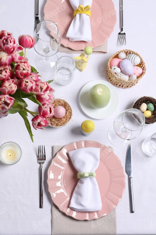 Preview: Festive table setting with beautiful flowers, flat lay. Easter celebration