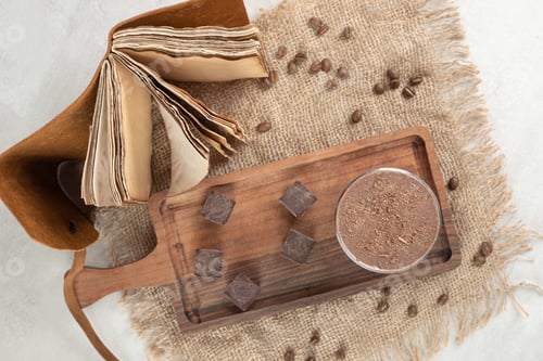 Preview: Coffee and chocolate pieces on wooden board with beans and notebook