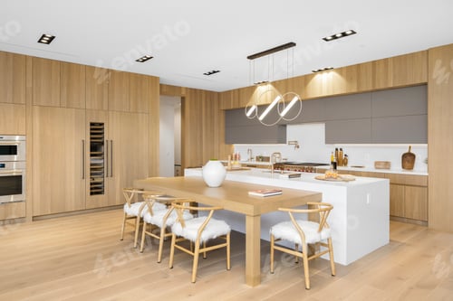 Preview: Wood panel kitchen with a central island.