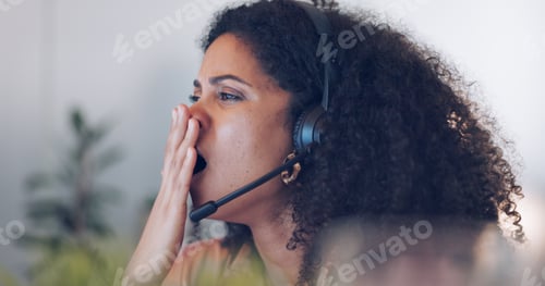 Preview: Customer service, tired and woman yawning in call center office on night shift. Fatigue, working la