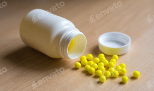 Preview: Closeup of the round yellow tablets on the wooden surface with a plastic bottle