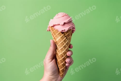 Aperçu: Woman hands holding soft serve ice cream waffle cone in hands isolated on green background