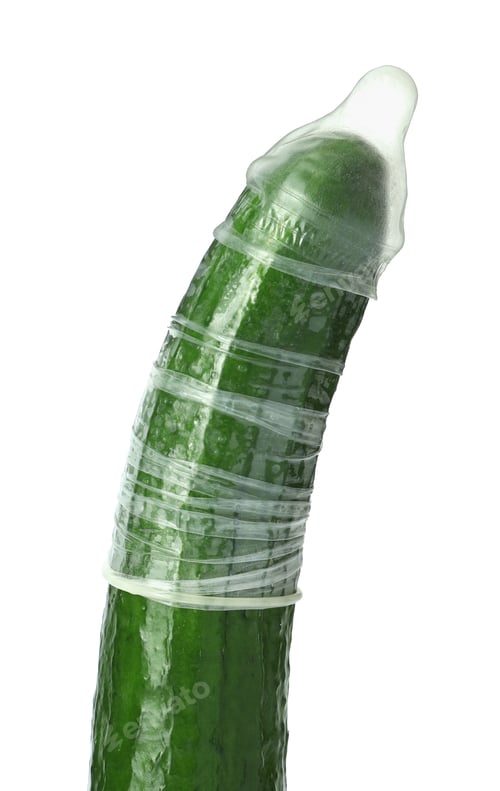 Preview: Cucumber with condom isolated on white. Safe sex concept