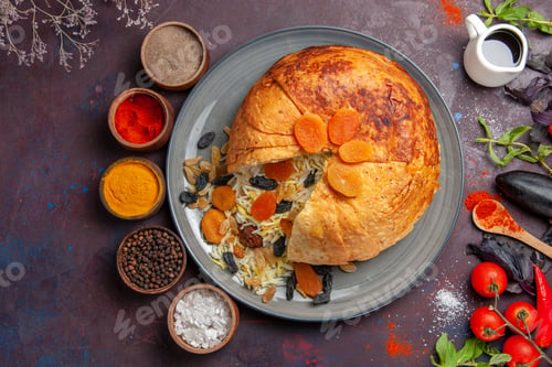 Preview: top view delicious shakh plov with raisins and seasonings on dark background meal dough cooking