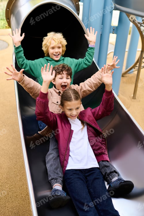 Preview: Joyful autumn day at the playground with friends sliding down together