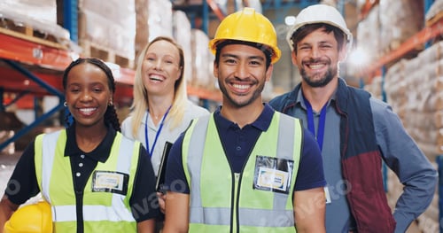 Preview: People, warehouse and smile on portrait for teamwork, collaboration and supply chain. Employee, div