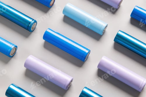 Preview: colorful used Nickel Metal Hydride (Ni-MH) battery, grey background, flat lay