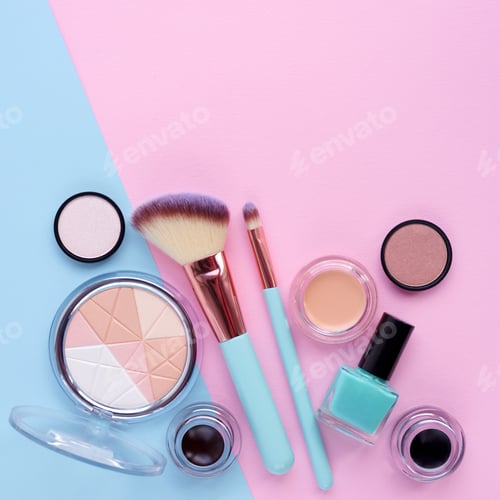 Preview: Makeup brush and decorative cosmetics on color background, with