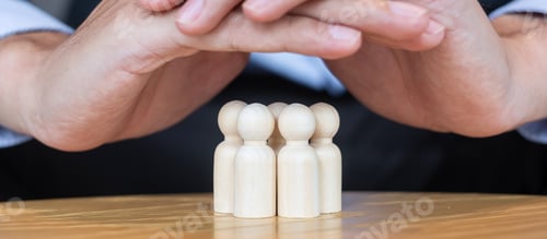 Preview: Businessman hand cover man wooden from crowd of people