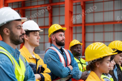 Preview: Portrait of engineers and industrial workers in hardhats at construction site