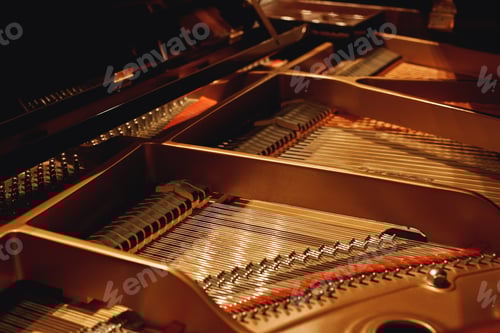 Preview: Tuning Your Piano. Close-up view of hammers, strings and pins inside the piano. Musical instruments