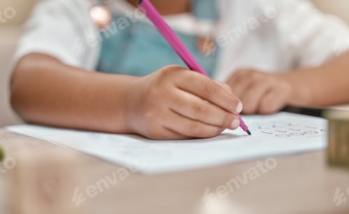 Preview: Child, drawing or hands writing on paper in kindergarten education for knowledge development at sch
