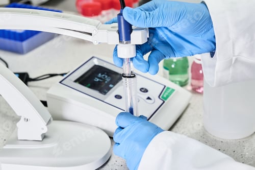 Preview: Woman in a rubber gloves holding a glass electrode for measuring of pH of the solution using pH